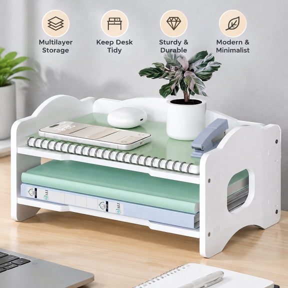 Desk File Organizer, 2 Tier Stackable Desktop Paper Letter Tray with Handle, Office Desk Accessories & Workspace Organizer, White, 1 Pack