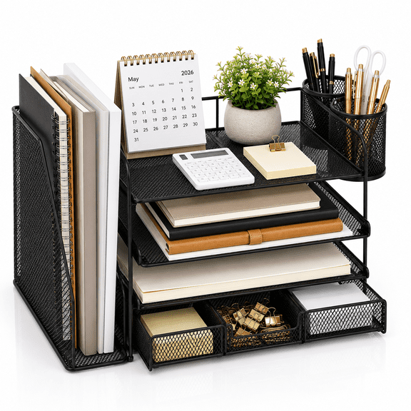 Desk File Organizer, 4 Tier Desktop Paper Letter Tray Organizer with Drawer, Vertical File Holder and 2 Pen Holders, Office Desk Accessories & Workspace Organizers for Office, Home Supplies, Black