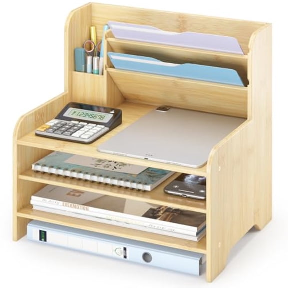 Desk File Organizer - 6-Tier Desktop Mail Letter Tray Paper Document Organizer with Pen Holder for Home Office Supplies Office Desk Accessories Workspace Nature
