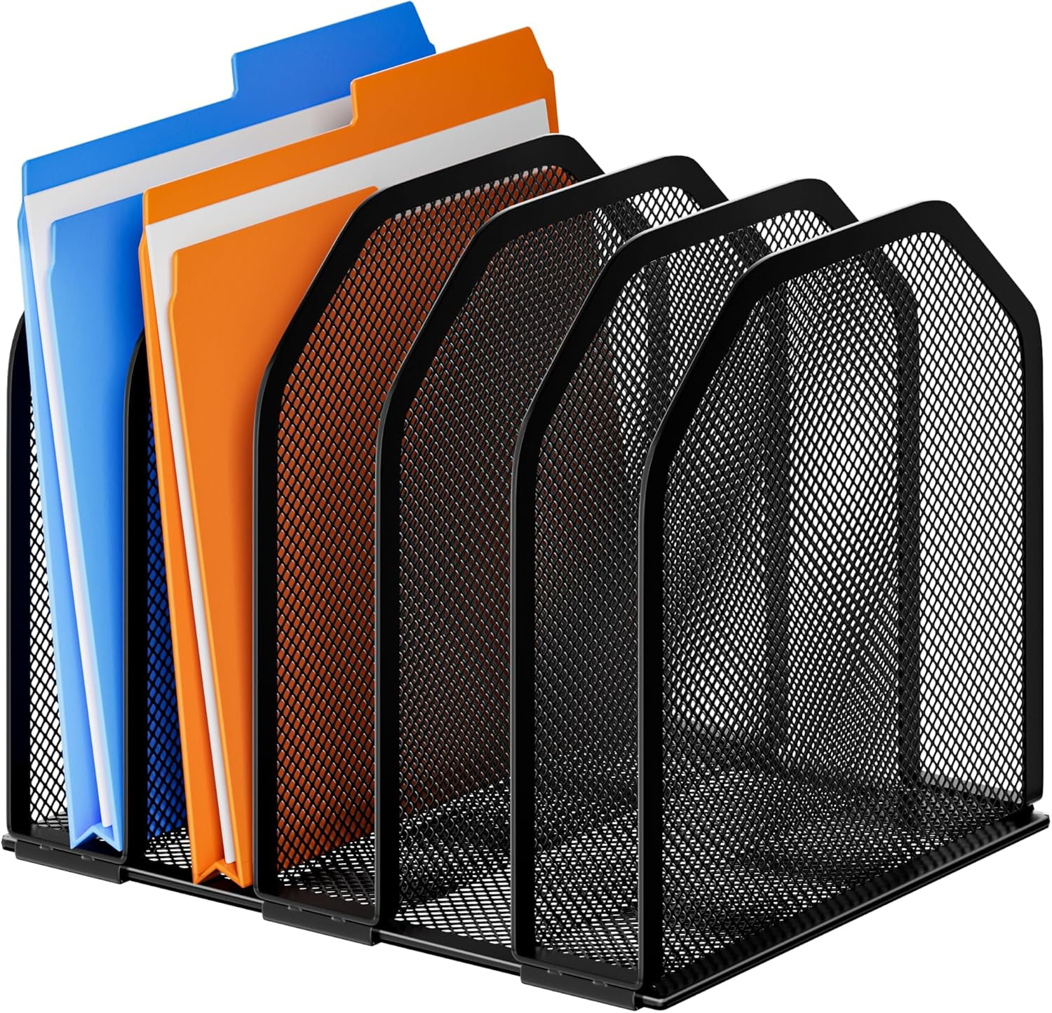 Desk File Organizer Adjustable 5 Sections Upright Desktop Organizer Sorter Sturdy Metal Mesh Vertical Bookshelf Holder Workspace Accessories for Home School Office Classroom Black