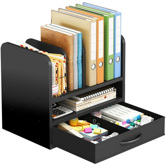 Desk File Organizer for Home, Office, School, Wooden Frame Desktop Storage Solution for Office Supplies, Documents, Papers, Folders and Stationery, Space-Saving and Stylish Document Sorter