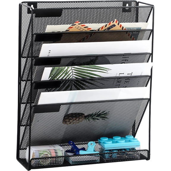 EASEPRES Desk File Organizer Mesh 6-Tier, Hanging Wall Mount Document Organization Stand, Desktop Vertical Mail Paper Folder Holder Rack with Bottom Tray for Office Home Cubicle Countertop, Black