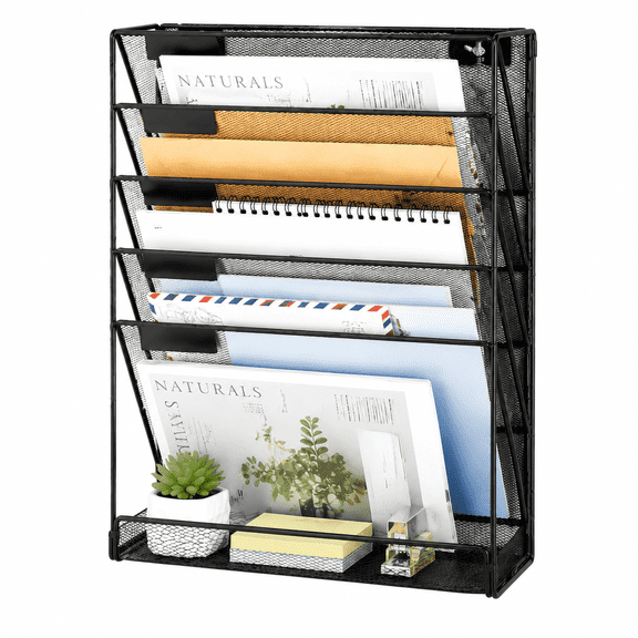 Desk File Organizer, 6-Tier Mesh Hanging Wall & Desktop Document Rack with Bottom Tray, 15.9 x 4.1 x 12.8 Inches, Black, for Office and Home