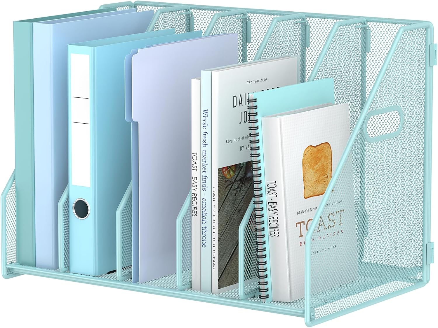 Desk File Organizer Metal Desk Magazine Folder Holder with 5 Vertical Compartments Rack File Organizer for Office, Home, School (Blue)