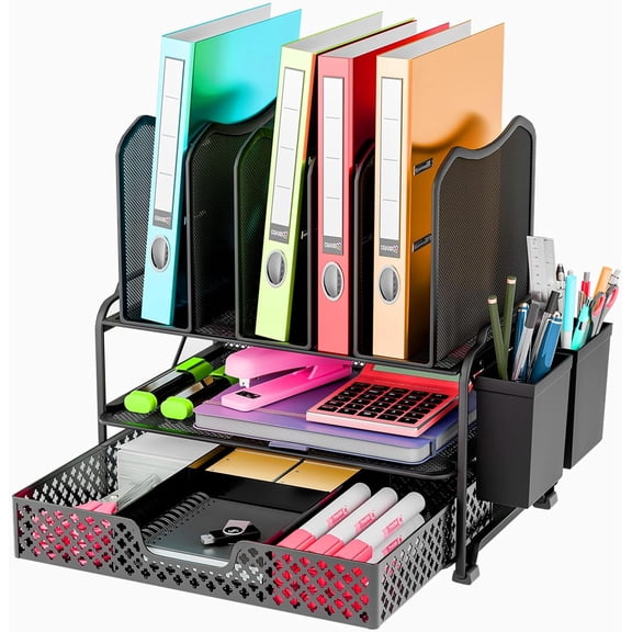 Desk File Organizer with Sliding Drawer, Metal Mesh Double Tray and 5 Upright Section Sorter and 2 Pen Holder, Black