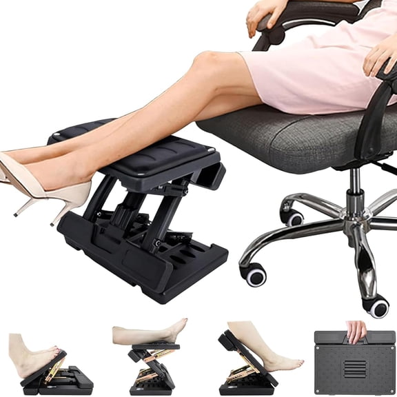 Under Desk Footrest - Detachable Memory Foam Cushion & Massage Roller, Tool-Free Height & Angle Adjustable Foot Stool, Ergonomic Leg Rest for Office, Home & Gaming Comfort, (Black Plus)
