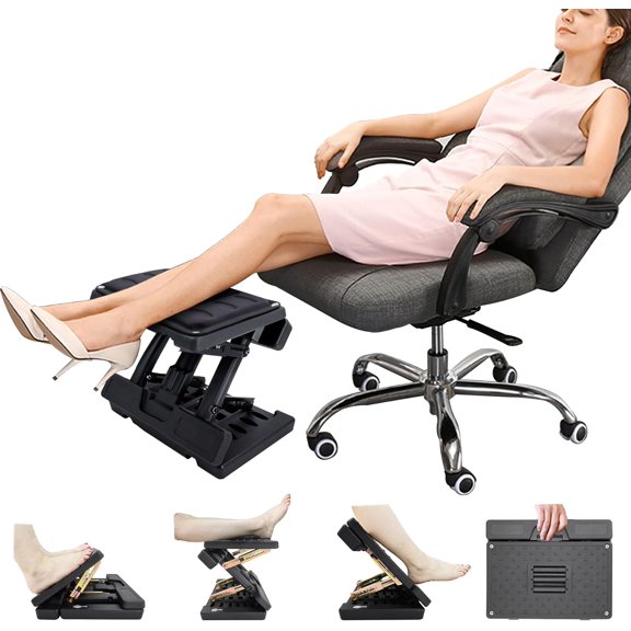 Under Desk Footrest - Detachable Memory Foam Cushion & Massage Roller, Tool-Free Height & Angle Adjustable Foot Stool, Ergonomic Leg Rest for Office, Home & Gaming Comfort, (Black Plus)