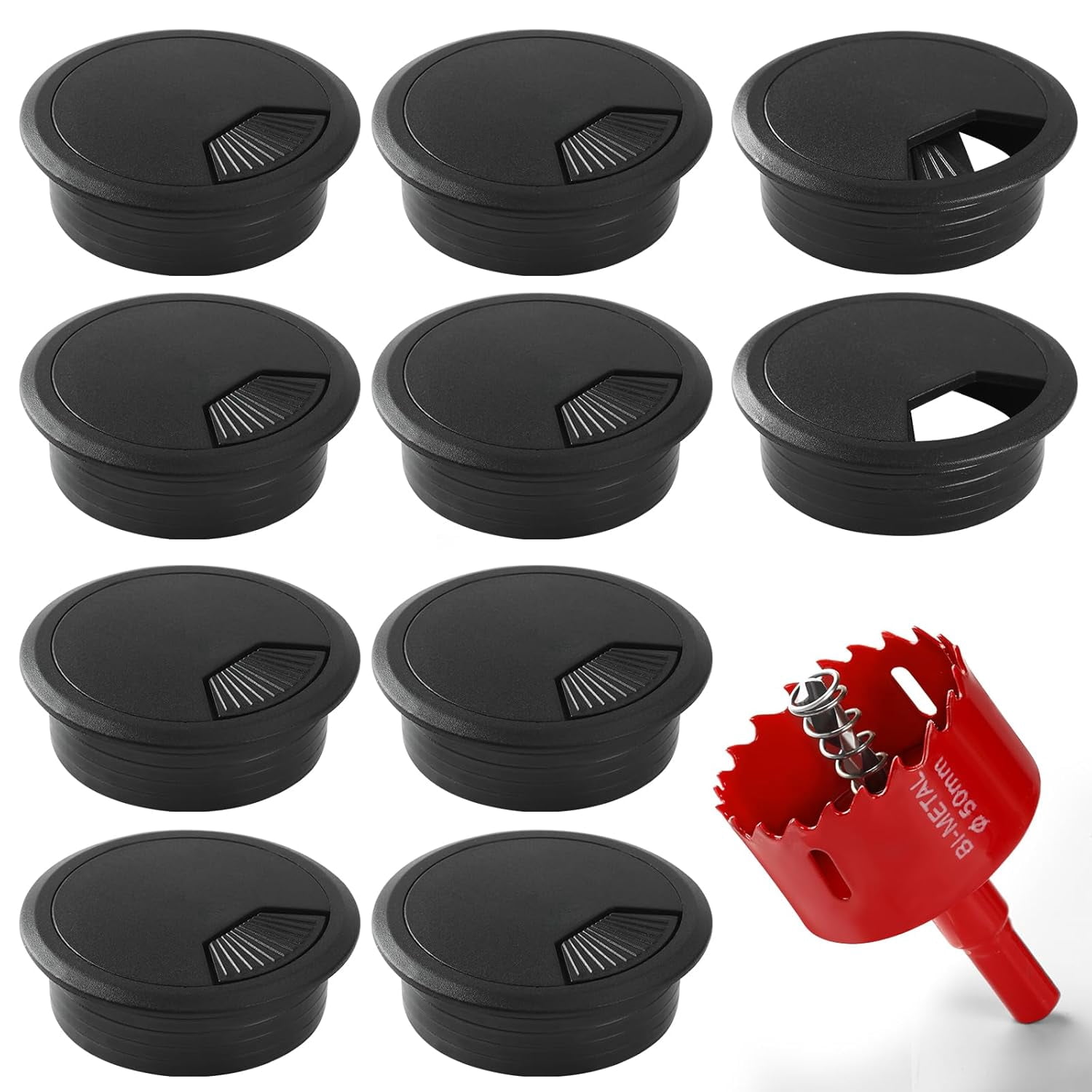 Desk Grommet 2 I h (50 mm) 10 Pieces, Desk Hole Cover for Cables Black, ABS Plastic Grommet Hole Cover with Hole Saw for Wires Cables Through The Countertop by