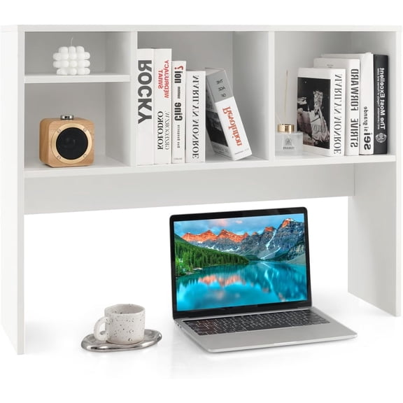 Desk Hutch, 2-Tier Desktop Organizer Shelf for Computer Desk, 37" Wide Wooden Table Top Bookshelf with 4 Cubes, Multipurpose Countertop Storage Rack for Dorm, Home and Office (White)