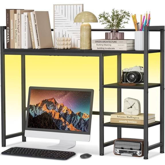 Desk Hutch with Shelf, 38.6" Desktop Organizer with Monitor Stand, 4 Tier Wood Display Rack and Storage Bookshelf for Home Office, Rustic Brown