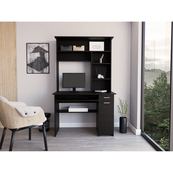 Desk In Black, With Retractable Keyboard And Shelf Options - One Drawer For An Organized Work Area Tray Storage Multiple Shelves Productivity
