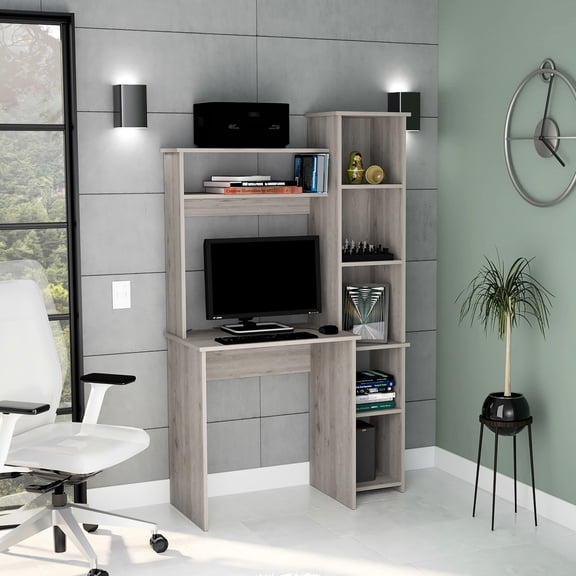 Desk In Gray With Five - Robust Particle Board Desk, 3 Shelves On Left & 2 Open Shelves, Supports Up To 21" Monitors Featuring Fits