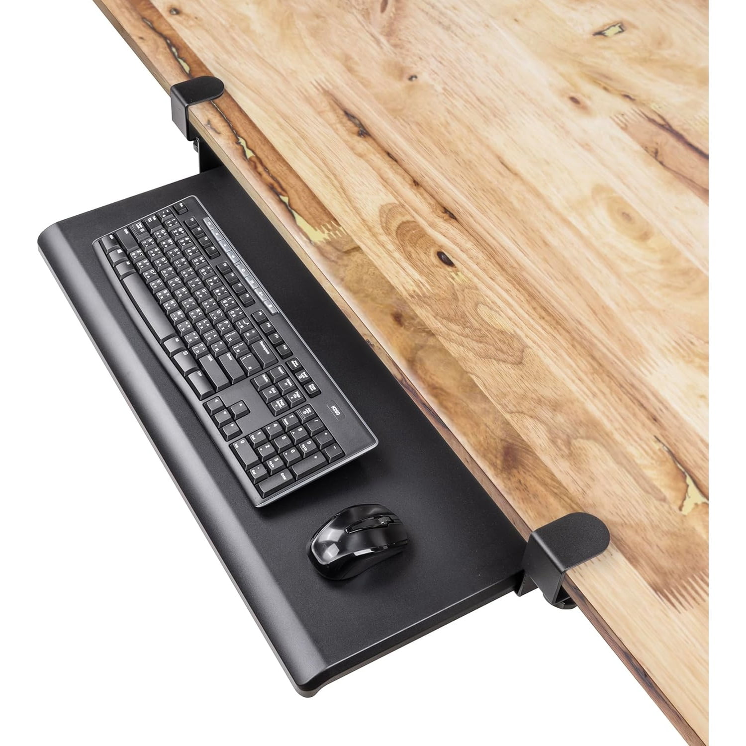 Under Desk Keyboard Tray, Large 27.5" x 12.2" Slide-Out Clamp-On Drawer with Steel C-Clamps, Ergonomic Platform Fits Full-Size Keyboard and Mouse, Tool-Free Installation,