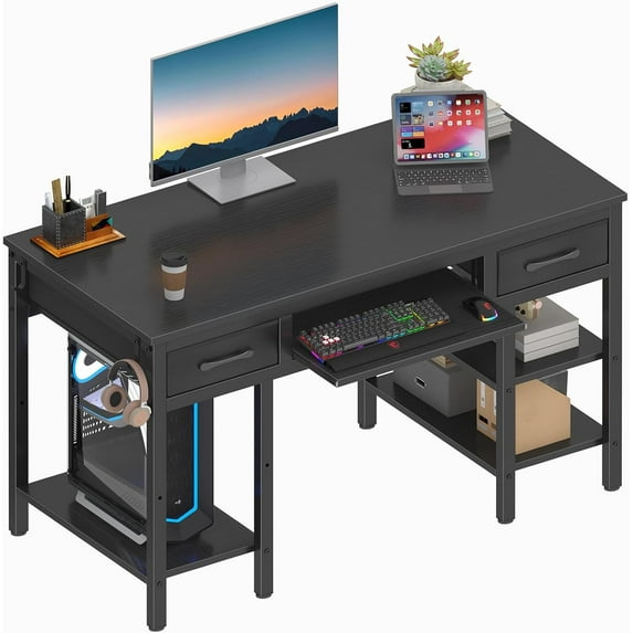 Desk with Keyboard Tray Slide Out, 47 Inch Home Office Computer Desks with Fabric Drawers & Storage Shelves, Modern Simple Study Writing Gaming Table for Bedroom, Black