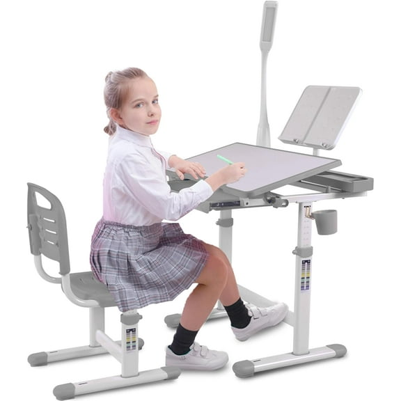 Desk for Kids Desk and Chair Set Kids Art Desk Drafting Table Desk Set with Adjustable Height, 40-Degree Tiltable Children Desktop, LED Light, Bookstand, Gray