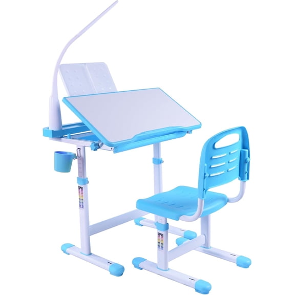 Desk For Kids Desk And Chair Set Kids Art Desk Drafting Table Desk Set With Adjustable Height, 40-Degree Tiltable Children Desktop, Led Light,Bookstand,Blue