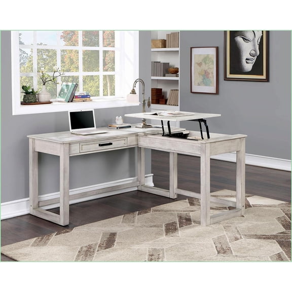 Desk, L-Shaped Corner Transitional with Lift-Top, USB Port, Power Outlet & Dovetail Drawer | Antique White | Solid Wood