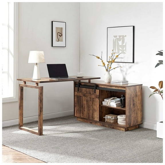 Desk L-shaped Workstation Home Office attached storage credenza sliding barn door finished on the back reversible Distressed Wood