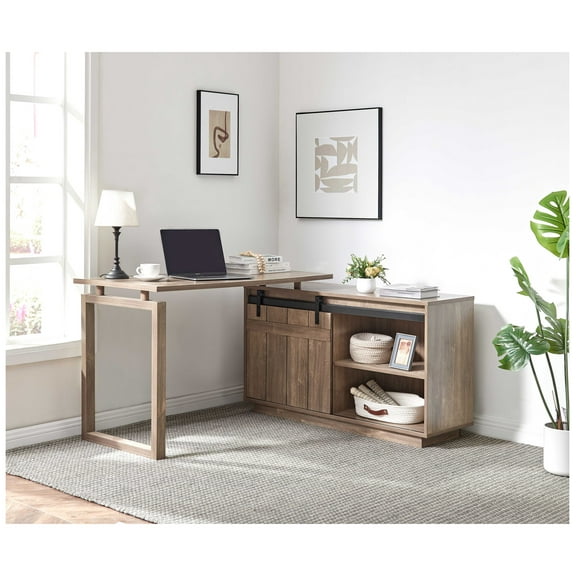 Desk L-shaped Workstation Home Office attached storage credenza sliding barn door finished on the back reversible Hazelnut