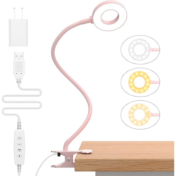 Desk Lamp, [3 Color Modes & 10 Brightness] LED Reading Light with Clamp, Flexible Gooseneck Book Light for Kids Reading Book in Bed at Night Clip on Table, Headboard, Dorm - 15.8‘’ Pink