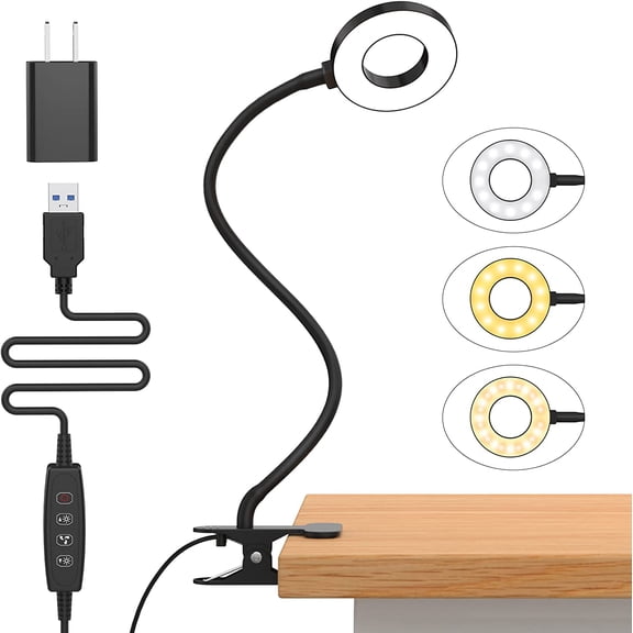 , [3 Color Modes & 10 Brightness] LED Reading Light with Clamp, Silicone Flexible Arm Book Light for Kids Reading Book in Bed at Night Clip on Table, Headboard, Dorm - 15.8 Black