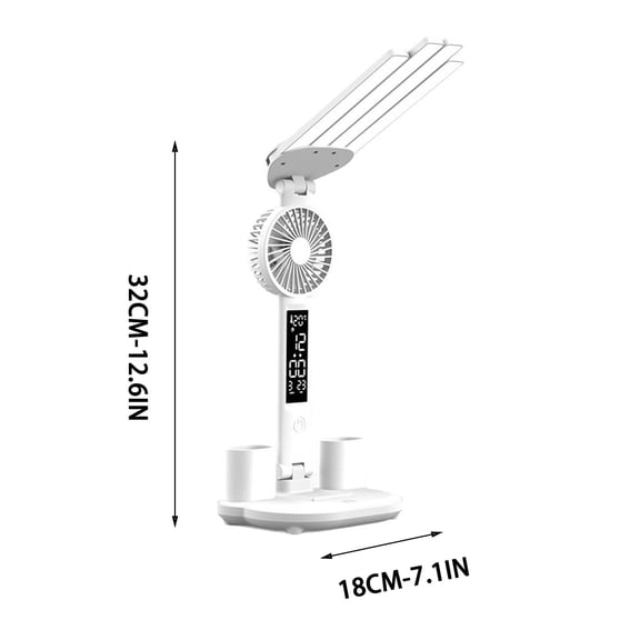Desk Lamp Adjustable Foldable Table Lamp with Fan, Clock, Date, Temperature, Pen Holder, Reading Lamp for Study Table Work Office White