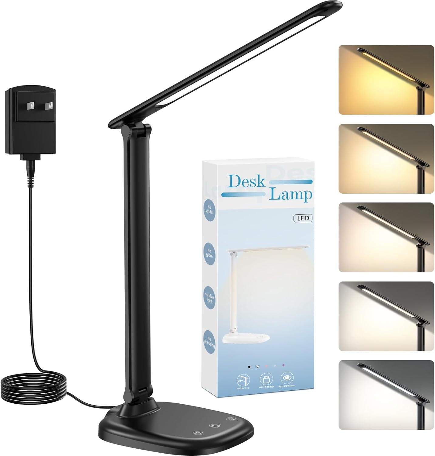 Desk Lamp with Charger, 10%-100% Stepless Dimmable & 5 Color Modes ...