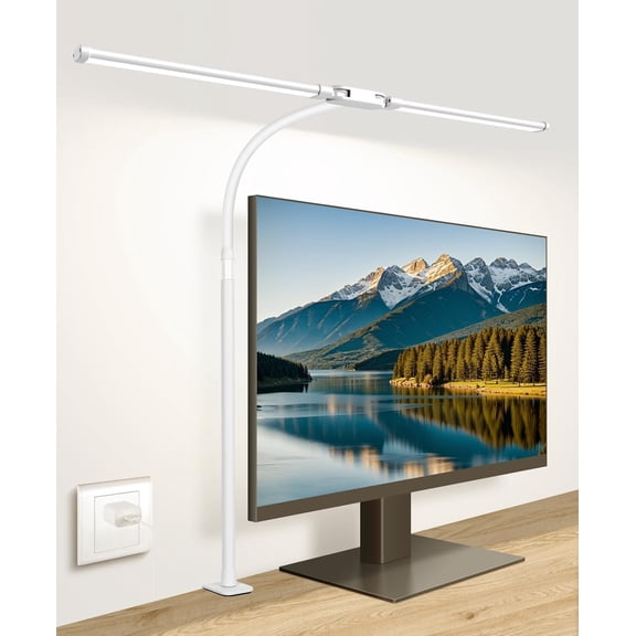 Desk Lamp with Clamp, with 5V 2A Adapter, LED Desk Lamp with Dual Head, 50 YANTON Modes, Computer Monitor Flexible Neck Lamp, Eye Protection Desk Lamps for Study, Office, Crafts, Draw(White)