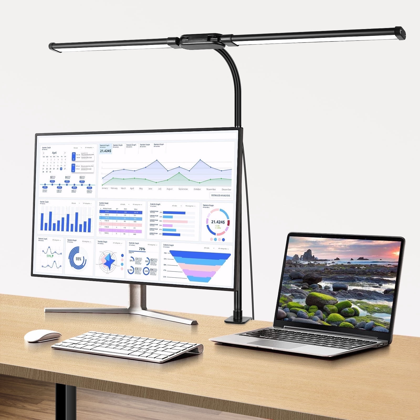 Desk Lamp Clamp Light, Dual Head, Flexible Long Clip Light, 5 Modes x 10 Brightness Dimmable, 12W 960lumen, Usb Office Clamp Task Table Lamp, Black