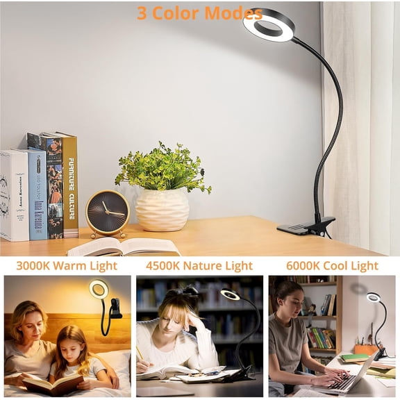 Desk Lamp Clip Light, 10 Dimmable Brightness 3 Light Modes Reading Light, Clamp Bedside Lamp for Painting, Craft, Study (Black)