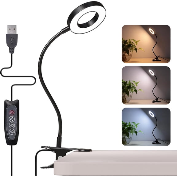 Desk Lamp Clip on Light, 48 LED USB Lamp with 3 Color Modes 10 Brightness Levels, 360° Flexible Gooseneck Eye Protection Bed Night Light for Reading, Makeup, Craft (Black)
