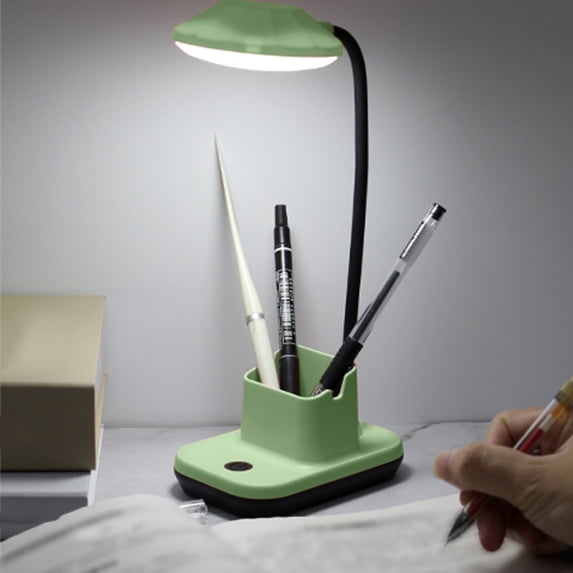 Desk Lamp, Eye Protection USB Rechargeable Desk Lamp, Three-Speed Adjustable Brightness Flexible Hose Study Reading Bedside Lamp with Pen Holder, Green