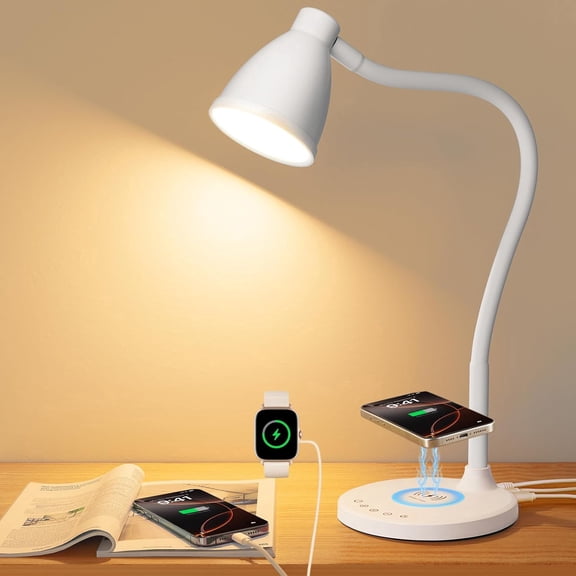 Desk Lamp for Home Office, LED Desk Light with USB C+A Charging Ports, Wireless Charger, 5 Colors Stepless Dimming Reading Light Timer, Touch Bedside Table Lamp for College Dorm Room White