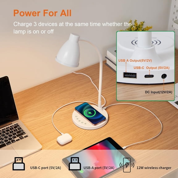 Desk Lamp for Home Office, LED Desk Light with USB C+A Charging Ports, Wireless Charger, 5 Colors Stepless Dimming Reading Light Timer, Touch Bedside Table Lamp for College Dorm Room White