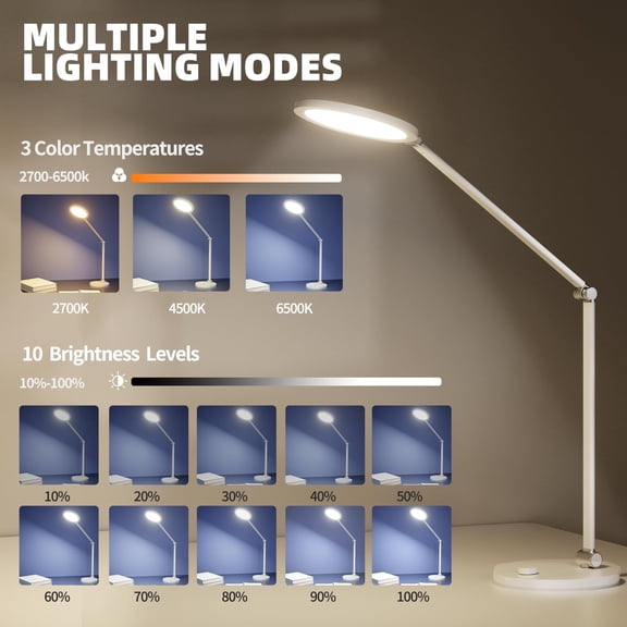 Desk Lamp for Home Office, Metal Swing Arm Desk Light, 3 Mode Stepless Dimming Desktop Lamp, 14W 1200LM Computer Task LED Lamp, Desk Ring Light for Streaming, Podcasting, Video Calls, Conference