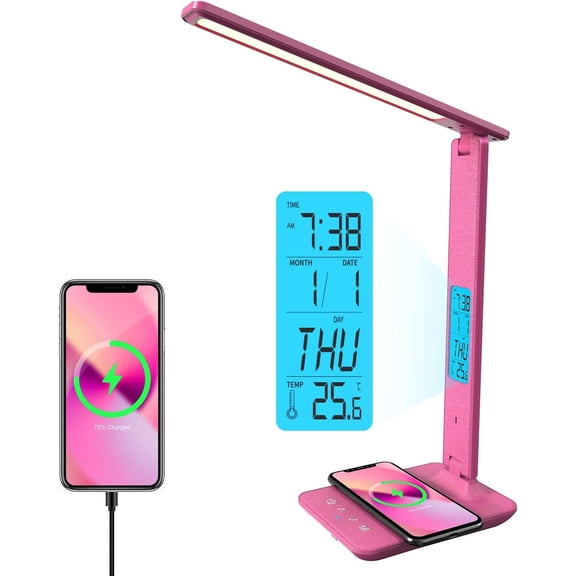 Desk Lamp, LED Desk Lamp with Charger, USB Port, Table Lamp with Clock, , Date, Temperature, Office Lamp, Desk Lamps for Office,