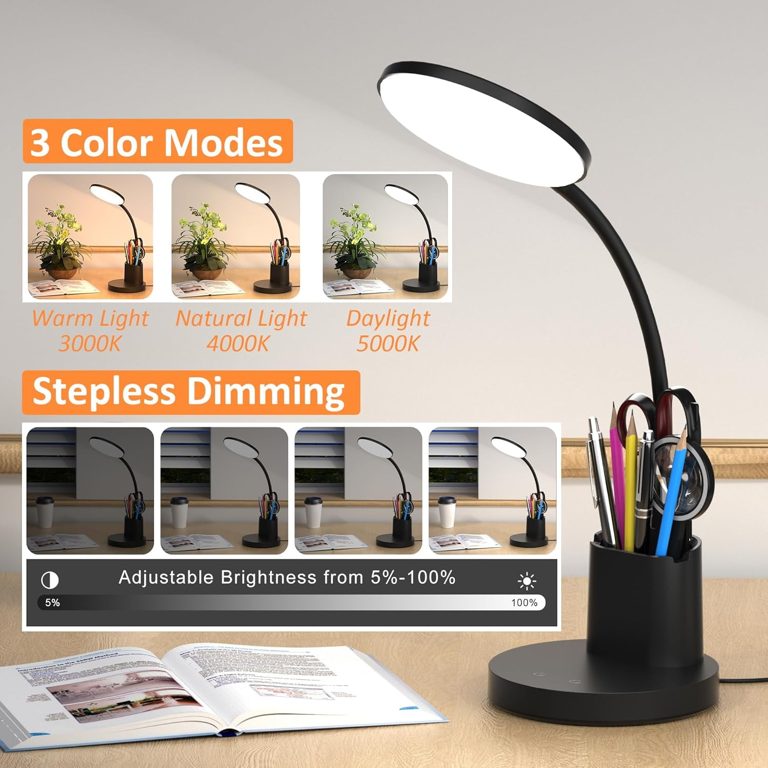 Desk Lamp, LED Desk Lamps for Home Office, Touch Table Lamp with 3 Color Modes 360° Adjustable Arm, Dimmable Desk Light with Pen Phone Holder for College Dorm, Black