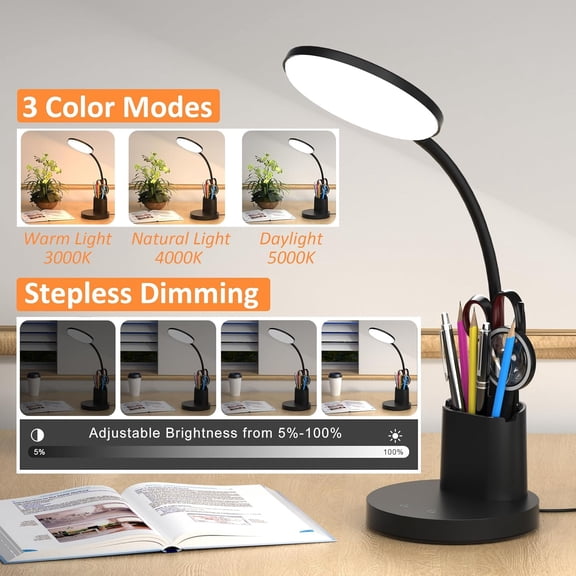 Desk Lamp, LED Desk Lamps for Home Office, Touch Table Lamp with 3 Color Modes 360 Adjustable Arm, Dimmable Desk Light with Pen Phone Holder for College Dorm, Black