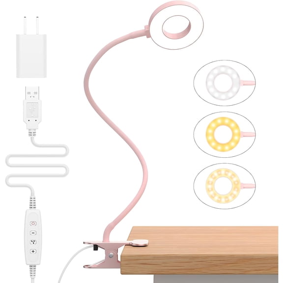 Desk Lamp, LED Reading Light with Clamp, 3 Color Modes & 10 Brightness Flexible Arm Book Light for Kids Reading Book in Bed at Night Clip on Table, Computer, Zoom Meetings - 27.6 Pink