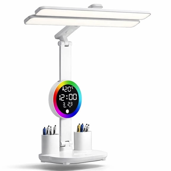 Desk Lamp Learning,Rechargeable Desk Lamp with Clock Date and Pencil Holder, Desk Lamps for Home Office,Small Study Table Lamp for Dorm