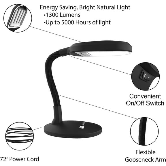 Desk Lamp - Natural Sunlight Lamp with Adjustable Gooseneck - Reading Light for Working, Crafting, Sewing, or Homework (Black)