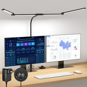 Desk Lamp for Office Home, 4 Heads, 24W Ultra Bright, 5 Colors 10 Bright Levels, Long Flexible Clamp Clip Light, Task Table Lamp with Adapter & Switch Controller, Black