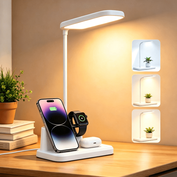 Desk Lamp with Wireless Charger, 4 in 1 Night Light & Charger, Charging Desk Bedside Light with Phone Stand 3 Lighting Modes, Adjustable Light Bar Touch Control Desk Lamps for Home Office