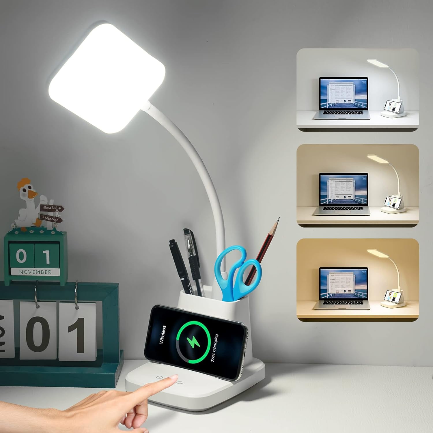 Desk Lamp with Wireless Charger, LED Desk Lamps for Home Office Eye-Caring CRI 85+, 3 Color Modes, Stepless Dimming Touch Table Lamp, Study Small White Lamp with Pen Holder for College Dorm
