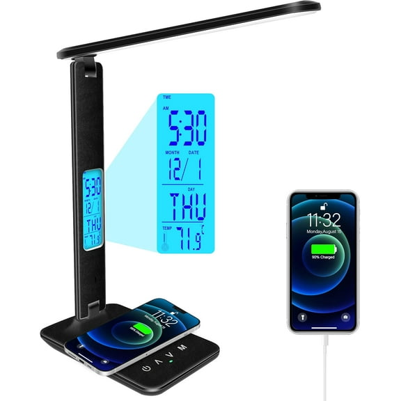 Desk Lamp with Wireless Charger, USB Charging Port, Dimmable Office Desk Light with Clock, Alarm, Date, Temperature, Foldable Lamp for Table Bedroom Bedside Office (Black)