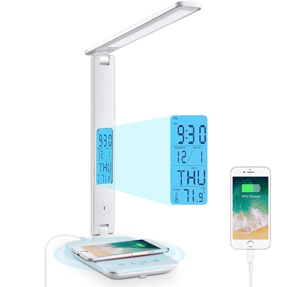 Desk Lamp with Wireless Charger, USB Charging Port, Dimmable Office Desk Light with Clock, Alarm, Date, Temperature, Foldable Lamp for Table Bedroom Bedside Office (White)