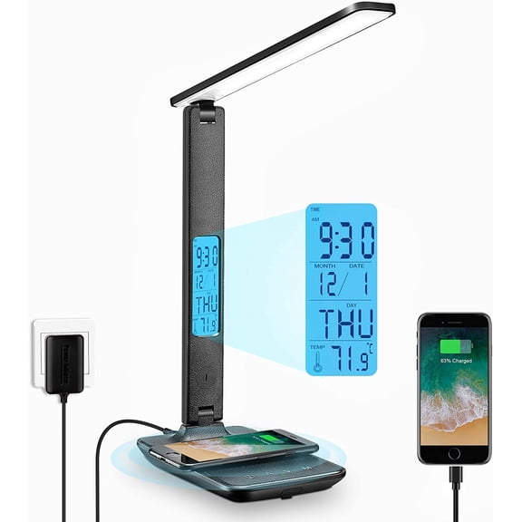 Desk Lamp with Wireless Charger: USB Charging Port, Table Lamp with Clock, Desk Lamps for Home Office College Dorm Room Essentials