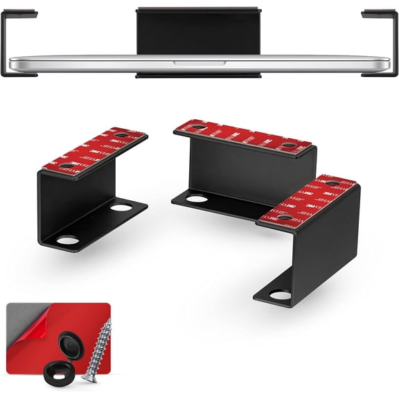 Desk Laptop Holder Mount for Desk, Adhesive & Screw in, Devices Upto 1.5" Thick Like Macbooks, Surface, Keyboard, Routers, Modems, Cable Box, Network & More (Metal Black)