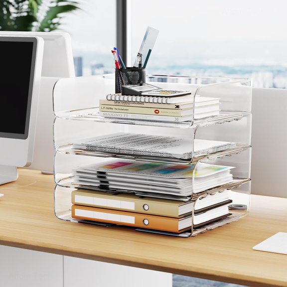 Desk Letter Tray Set, A4 Size Clear PET Stackable Document Organizer Office Desktop File Paper Holder Book Storage Rack Side Load Anti-Skid Stacking Support Convex Bottom (4X Landscape)