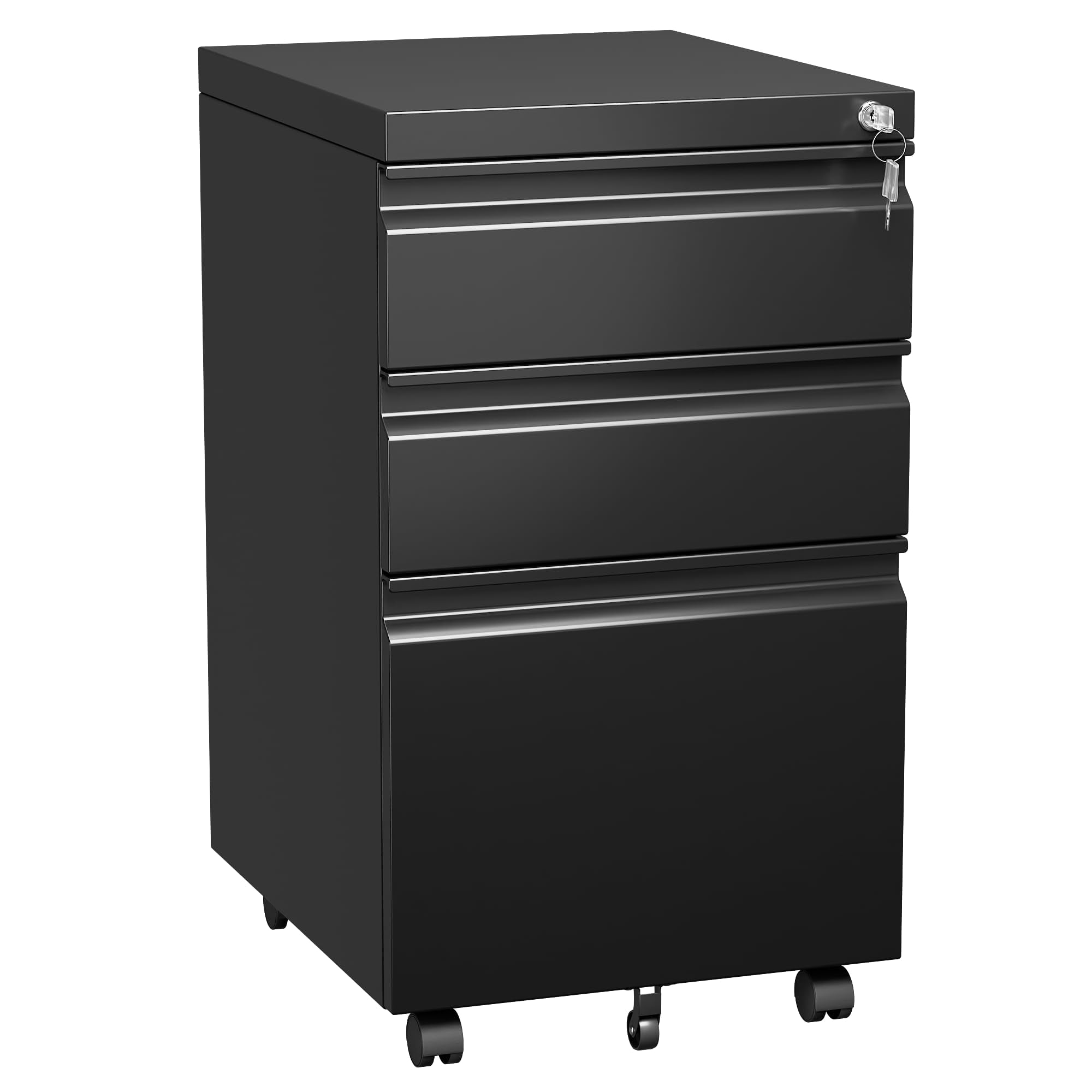 Under Desk Locking File Cabinet 3 Drawers, Metal Storage Organizer for Office Home, Legal Letter Size Documents, Compact Design, Sturdy Steel Construction, Black